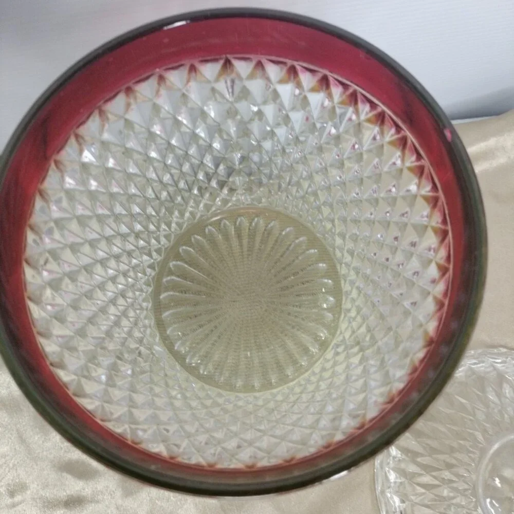 Indiana Glass Diamond Point Ruby Flash Red Ice Bucket w Lid 10.5” NIB